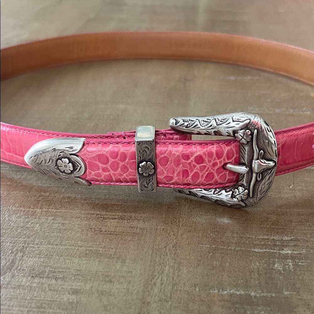 Ralph Lauren Croc Embossed Leather Silver Longhorn Belt in Pink size Small